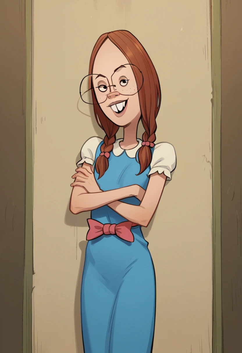 score_9, score_8_up, score_7_up, score_6_up, score_5_up, score_4_up, BREAK  gretchen_grundler, 1girl, dress, crossed arms, glasses, braid, looking at viewer, smile, buck teeth, short sleeves, blue dress, indoors, leaning against wall