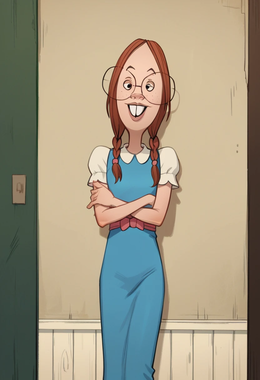 score_9, score_8_up, score_7_up, score_6_up, score_5_up, score_4_up, BREAK  gretchen_grundler, 1girl, dress, crossed arms, glasses, braid, looking at viewer, smile, buck teeth, short sleeves, blue dress, indoors, leaning against wall