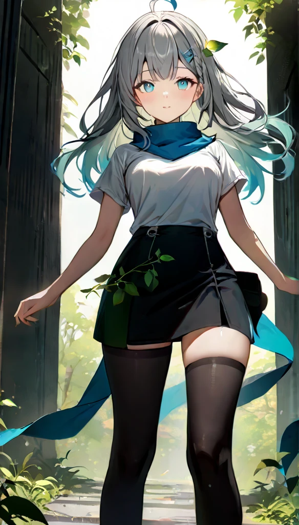 Resolution full, standing style, very accurate, best quality, masterpiece, full HD, very sharpener, best art, very accurate, 1girl, firefly, very cute girl, cute girl, beautiful and cute girl, slim body, medium breast, long hair, grey hair, Braid hair, Messy hair, ahoge hair, bangs hair, straight hair, gradient grey and blue hair, green leaf hair ornament, grey hair clip, beautiful bright aqua eyes, white T-shirt, dirty t-shirt, blue scarf, black short skirt, grey full stockings, white background, standing model