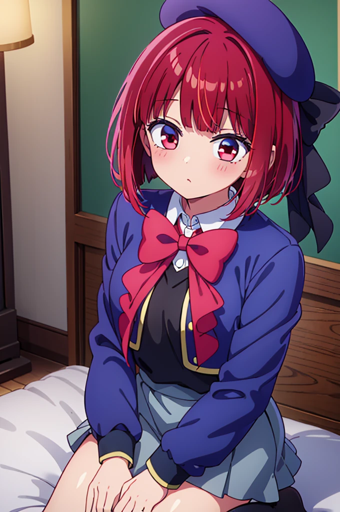 ((masterpiece)), ((best quality)), (ultra-detailed), ((kawaii)), cute, (lovely),(gleaming skin),from directly above,looking up at viewer,kneeling,arima kana,aakana,red hair,  short hair, beret, red eyes, blue headwear, red bowtie, collared shirt, blue jacket, open jacket, long sleeves, grey skirt,black thigh high socks,night,hotel room