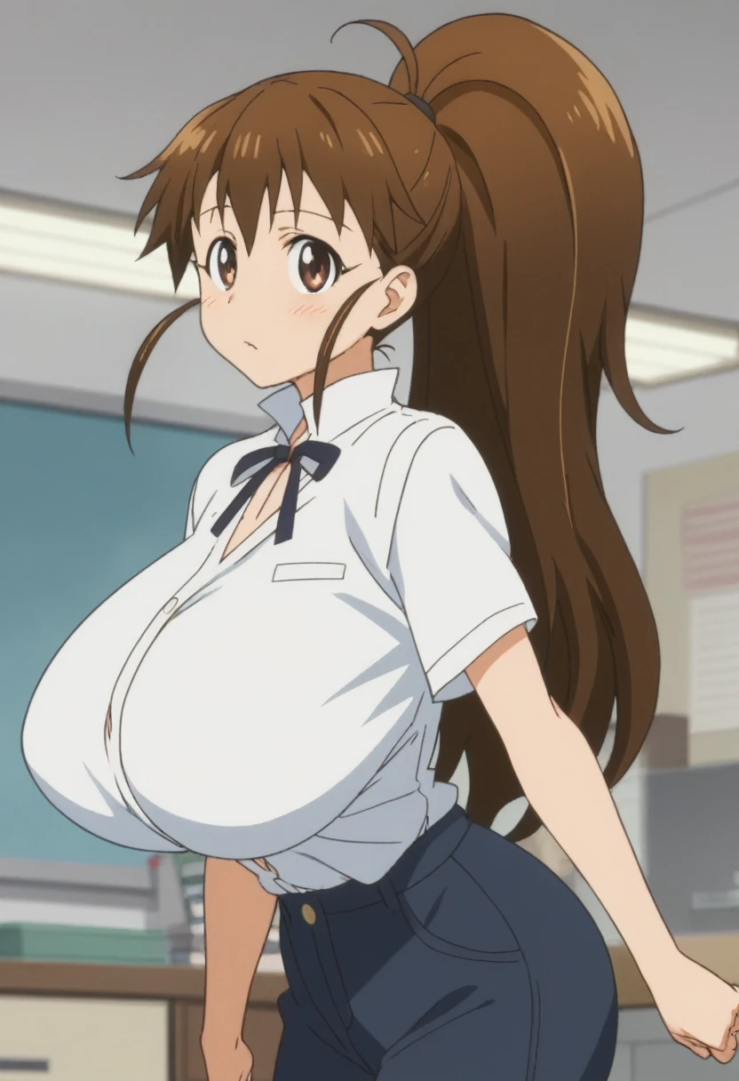 score_9, score_8_up, score_7_up, rating_explicit, anime screencap, cowboy shot, 1girl, solo, working!!, taneshima popura, brown eyes, brown hair, long hair, ponytail, huge breasts, looking at viewer