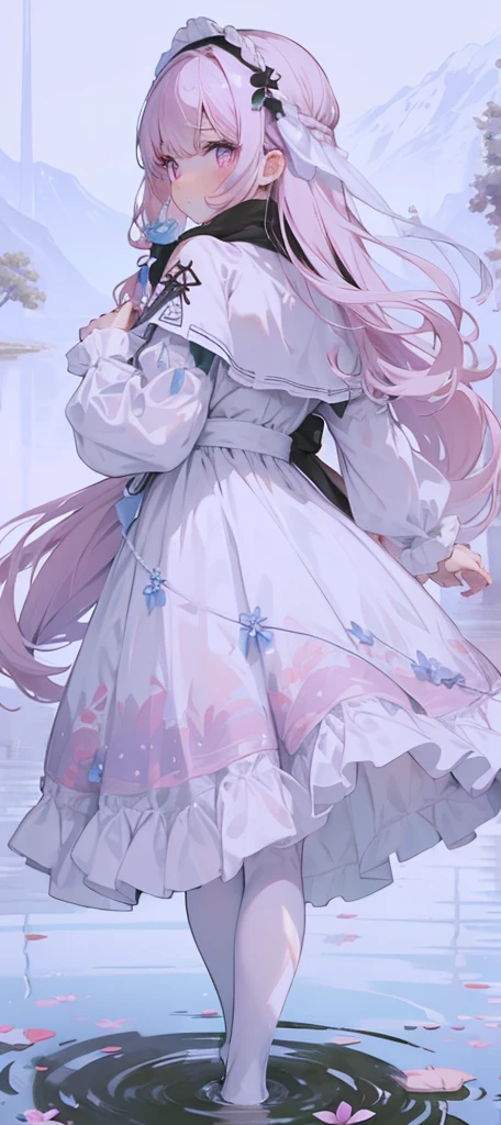 [(White background:1.5),::5] (Isometric:1.0), Double contact, bubble, Medium shot, Full body female, // masterpiece, best quality, 1 girl, (rich and colorful),(Delicate eyes and delicate face),Cinema Lighting,Half-length photo,Extremely detailed CG unified 8k wallpaper, 1 girl, Pink Eyes ,(Long hair),Long white hair (Floating in the wind), Rear view, look back, Hair accessories, 花Hair accessories. scarf, Ribbon, White Dress, visible shoulders, walking on pond, Water reflection, pond, Medium chest, Night Sky, Milky Way Sky, horizon, moon，（（Black pantyhose）