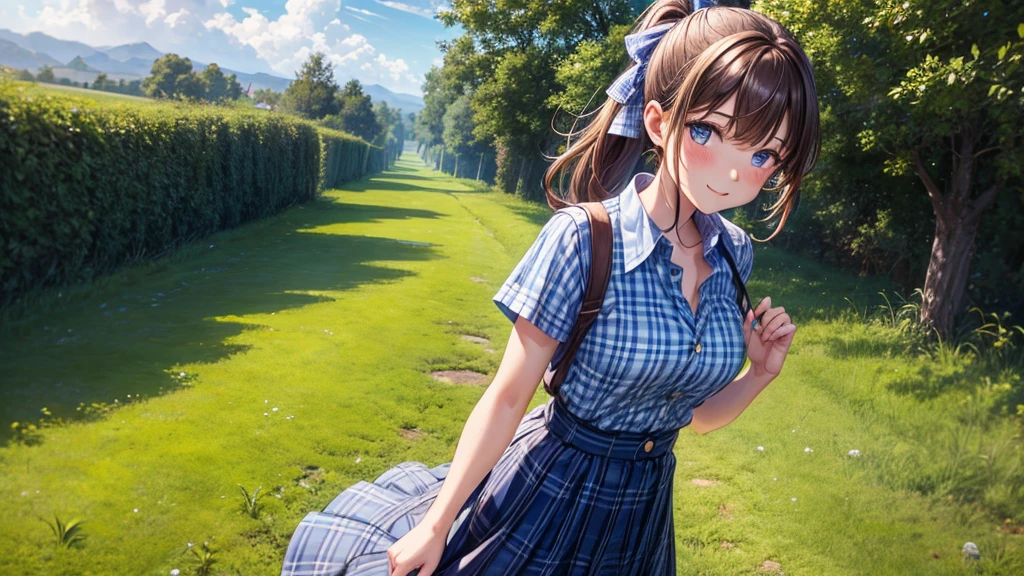 1girl, solo, full body, rural landscape, village, trees, sun, clouds, fantasy, brown hair, ponytail, large breasts, button down shirt, ((blue checked shirt)), ((short sleeved shirt)), ((unbuttoned shirt)), unbuttoning buttons, cleavage 1:3, shirt tied under chest, belly reveal, blue eyes, dark skirt, smile, looking at the viewer, standing, hair ribbon, golden necklate