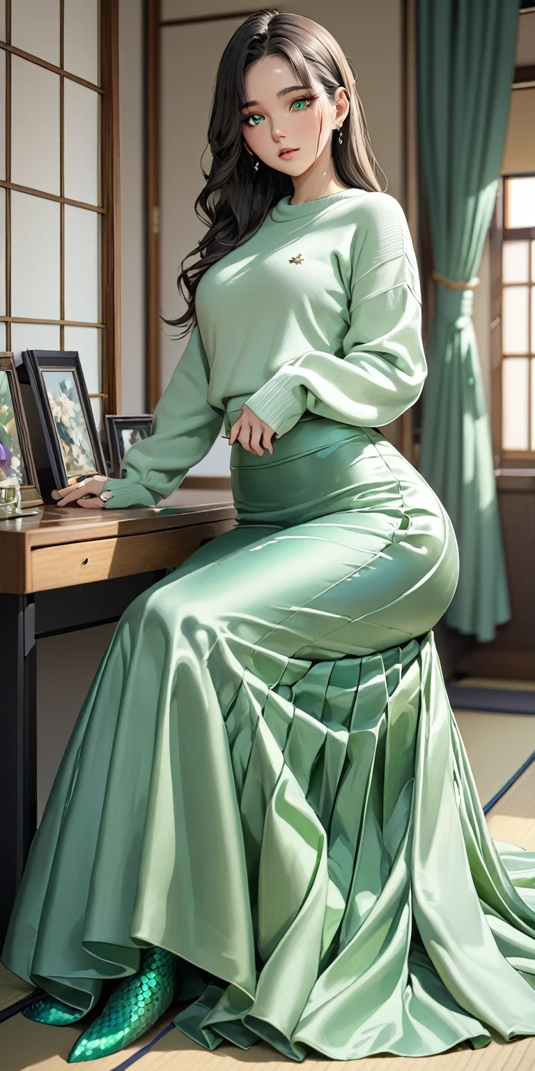 Portraiture、(masterpiece,Highest quality,Ultra-high resolution),Japanese women, (((Very beautiful 25 year old girl))),Long sleeve sweater、((Light green satin mermaid long skirt))、The skirt is ankle-length、