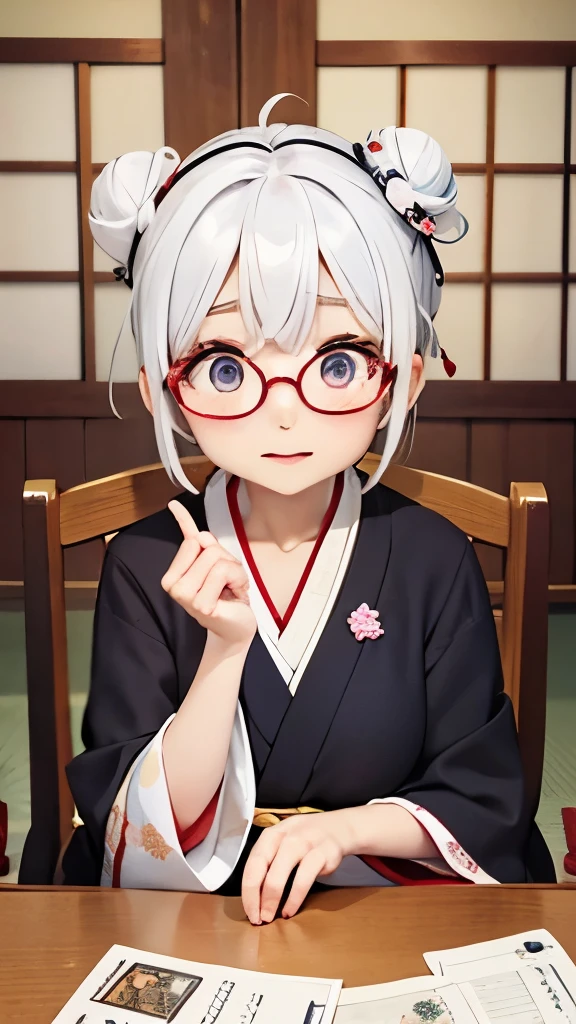 Cute old woman、60-year-old woman、One Woman、kimono、Kappo、White Hair、Japanese anime、comical、4 heads、Bun Hair、Round face、Round Glasses、Sit at a desk、front、fortune teller、Astrology、Surprised expression、