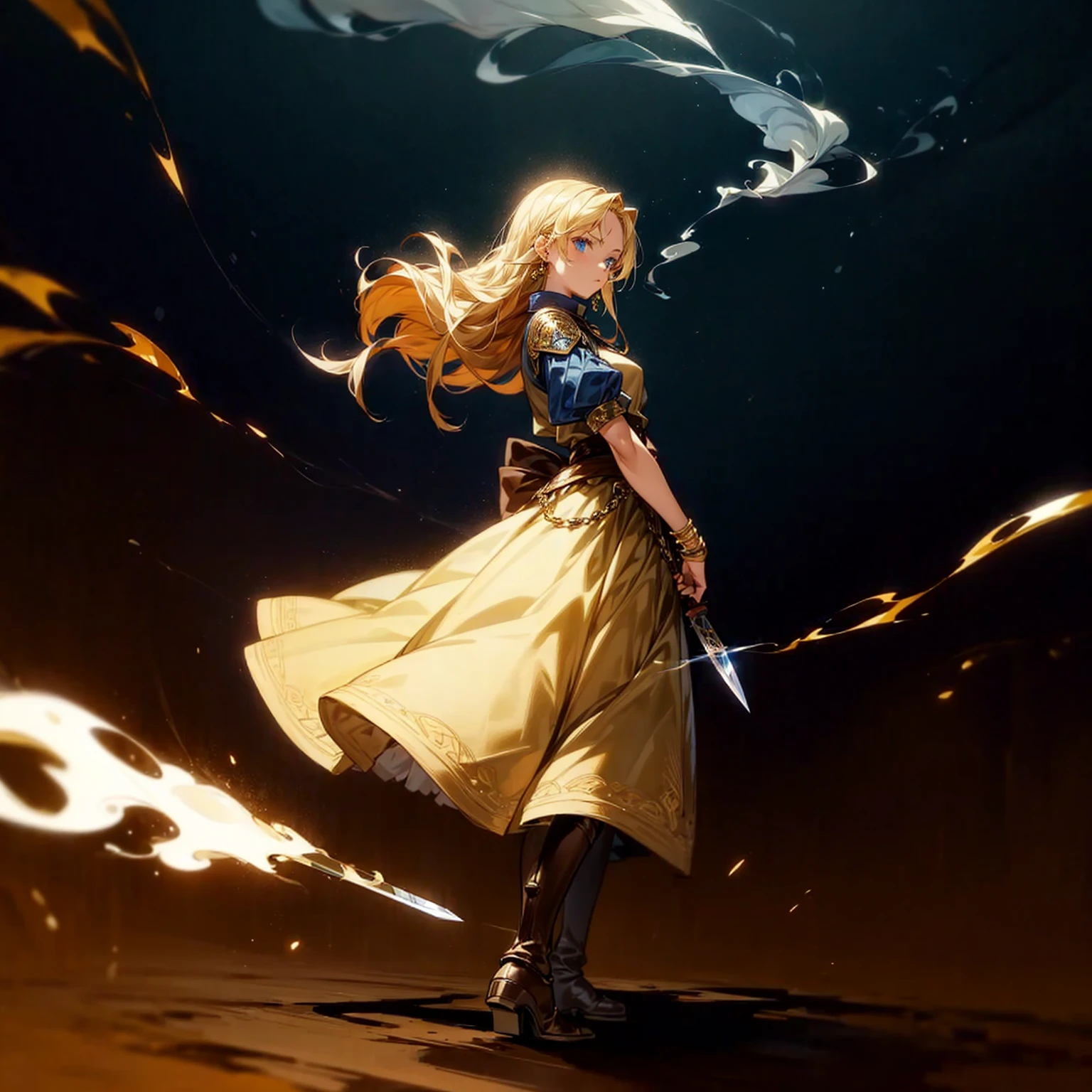 1girl, Full body version, 1character, adult version, blue eyes color, long Curly haircut, blonde colour hair, Gold earrings, gold bracelets, medieval style clothing, black armor, long boots, knife Assassin in hand Grassroots, background in castle square, motion blur, standing gesture, smoke effect, lighting, lighting gold, plasma effect, aura effect, (attack on Titan style art)
