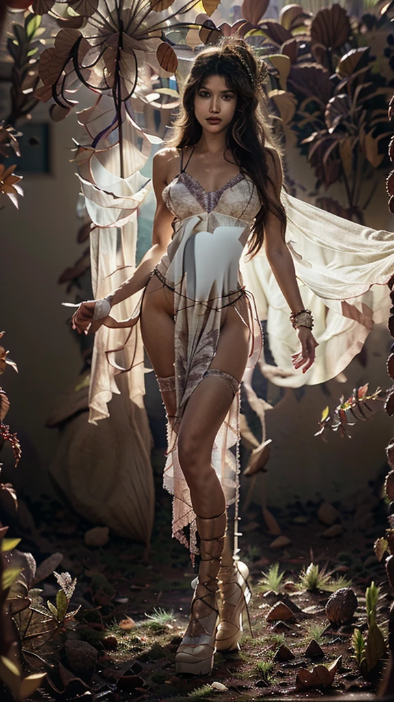 UHD photography indigenous long legged woman with feminine muscular body stature, beautiful natural face, wild long hair hairstyle, the woman's clothing is a snakeskin women's vest with inserted lace fabric and a snakeskin maxi wrap skirt with lace insert and high heel boots, model pose is dancing, swinging, standing frontally to the camera, photo background is a futuristic jungle landscape