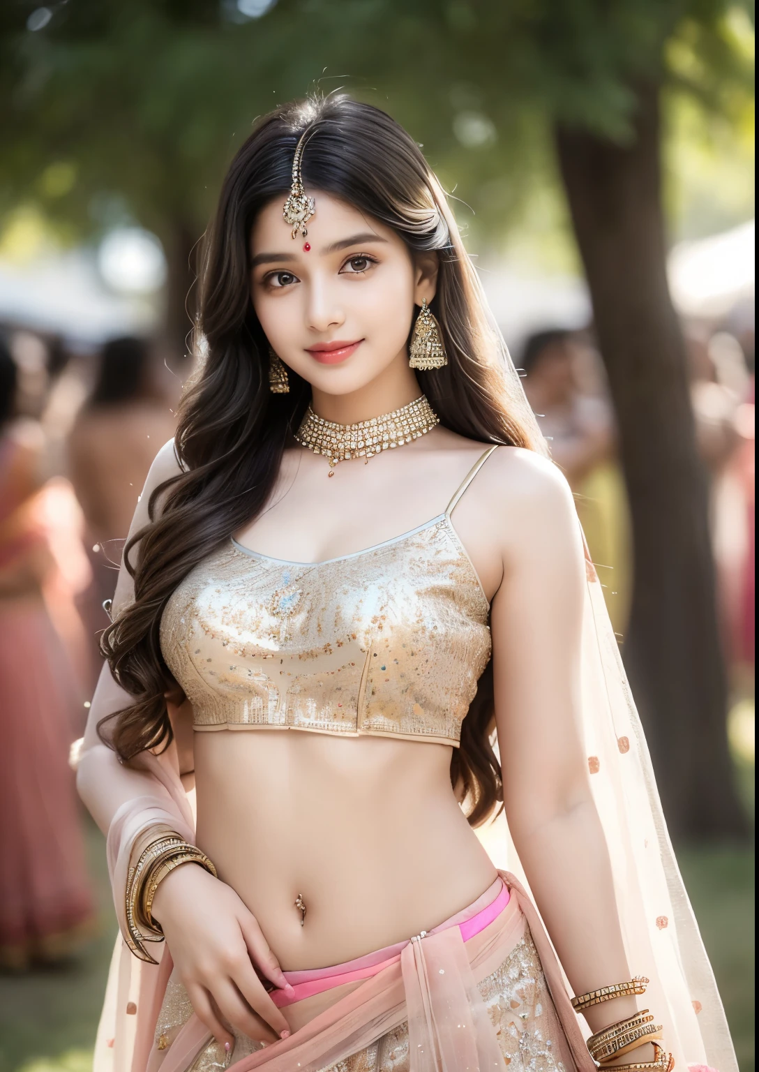(((desi indian young 14 aged girl))), 14 years girl, cute and pretty face, natural skin, wearing hot Lehenga, choli and Dupatta dress, charming black hair, ((hair ends are blonde)), Indian festival Holi celebration's in background, detailed Holi festival, (wearing simple jewellery), Super Round Big Young Breast, Pretty cute Navel, Soft Oval Navel, Detailed pretty Navel, (Navel Jewelry), Slender girl, bright light, longhair, Bokeh, Indian ,tree branch, colorful, Glitter Multiple color princess dress((choli:1.2,lehenga:1.2,dupatta:1.2), detailed princess dress, designer dress, smile, pretty, cute, 4k, 8k, CG unity 8k wallpaper, depth of field, ray tracing, perfect figure, sweet round breasts, romantic Eyes, Romantic smile, Romantic Standing Angle, stylish curved angle, (angle with both hands playing with hair), Bright skin, glow face, glow skin,