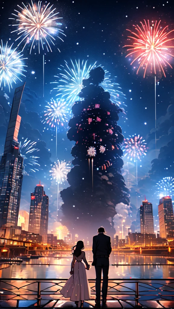 woman and man standing on a bridge, view from behind, looking up at the sky, fireworks, night time, masterpiece, 8k, high resolution, shallow depth of field, sharp focus