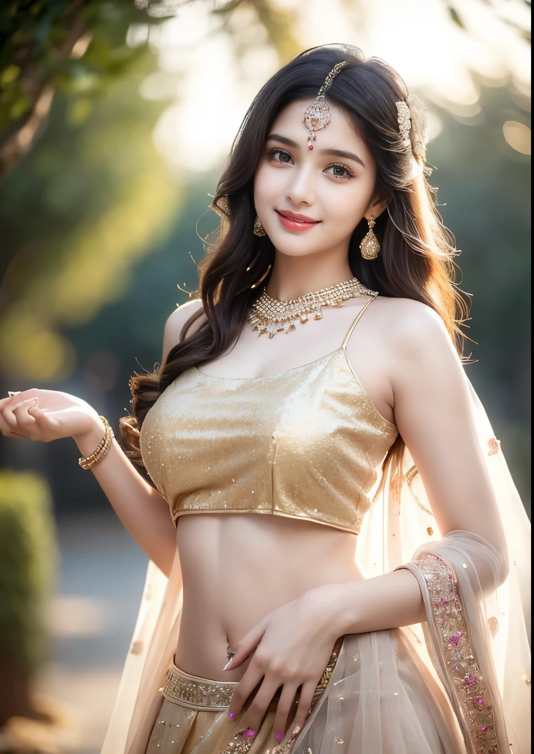 (((desi indian young 14 aged girl))), 14 years girl, cute and pretty face, natural skin, wearing hot Lehenga, choli and Dupatta dress, charming black hair, ((hair ends are blonde)), Indian festival Holi celebration's in background, detailed Holi festival, (wearing simple jewellery), Super Round Big Young Breast, Pretty cute Navel, Soft Oval Navel, Detailed pretty Navel, (Navel Jewelry), Slender girl, bright light, longhair, Bokeh, Indian ,tree branch, colorful, Glitter Multiple color princess dress((choli:1.2,lehenga:1.2,dupatta:1.2), detailed princess dress, designer dress, smile, pretty, cute, 4k, 8k, CG unity 8k wallpaper, depth of field, ray tracing, perfect figure, sweet round breasts, romantic Eyes, Romantic smile, Romantic Standing Angle, stylish curved angle, (angle with both hands playing with hair), Bright skin, glow face, glow skin,