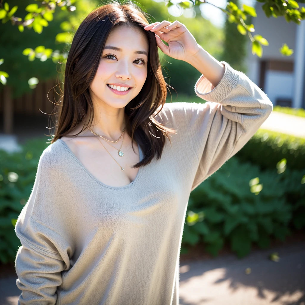 Highest quality,a girl, one girl,solo focus,raw photo,bloom,full body,4K,8K,Realistic,full body,Japanese women,一人のJapanese women,28 years old,Clear,kind,Beautiful eyes,smile,Full of maternal love,nice style,smile,teeth,Long brown hair,Large Breasts,healthy,positive,Very detailed,Casual Style,necklace,a one girl,The background is a hill where you can see the stars.,Beautiful starry sky,night,a one girl