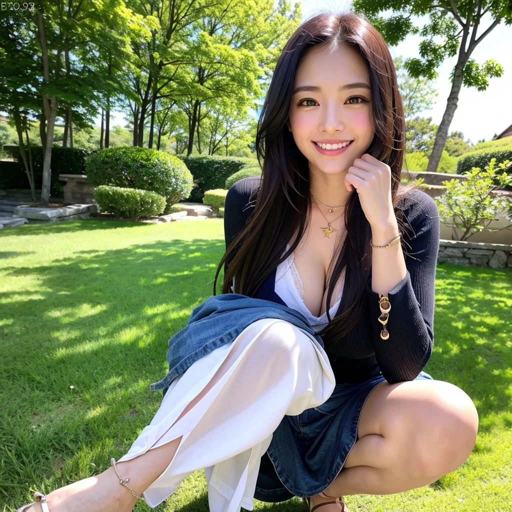 Highest quality,a girl, one girl,solo focus,raw photo,bloom,full body,4K,8K,Realistic,full body,Japanese women,一人のJapanese women,28 years old,Clear,kind,Beautiful eyes,smile,Full of maternal love,nice style,smile,teeth,Long brown hair,Large Breasts,healthy,positive,Very detailed,Casual Style,necklace,a one girl,The background is a hill where you can see the stars.,Beautiful starry sky,night,a one girl