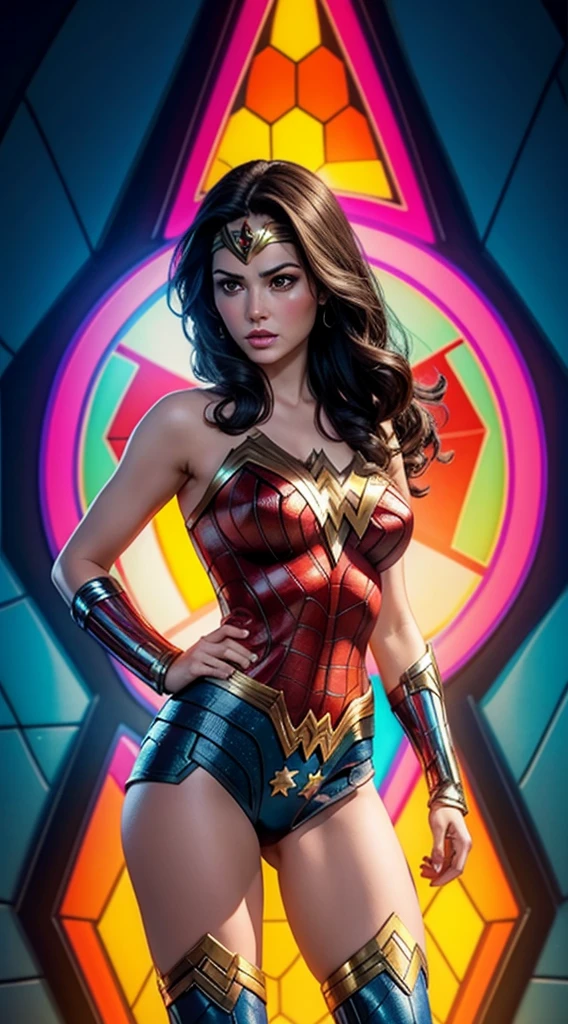 Wonder Woman (big tits) in the style of Spider-Man, masterpiece, best quality, abstract, psychedelic, neon, (honeycomb pattern), (creative:1.3), sy3, SMM, fantasy00d