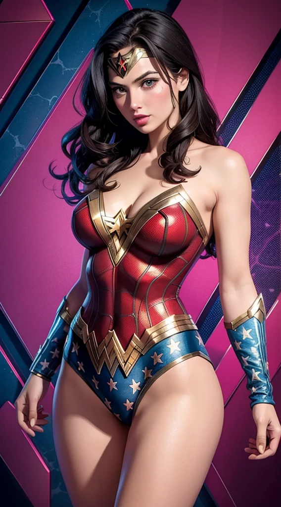 Wonder Woman (big tits) in the style of Spider-Man, masterpiece, best quality, abstract, psychedelic, neon, (honeycomb pattern), (creative:1.3), sy3, SMM, fantasy00d