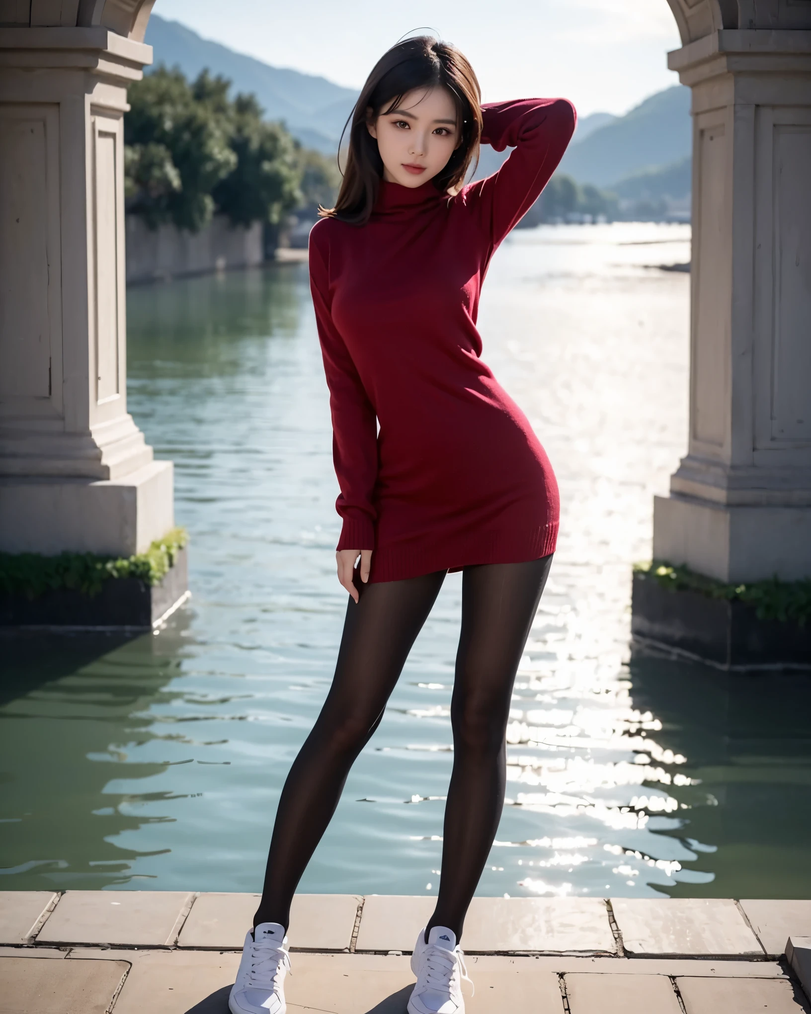 Beautiful Chinese waifu, early 30s, brunette hair, sweater dress, black stockings, trainers