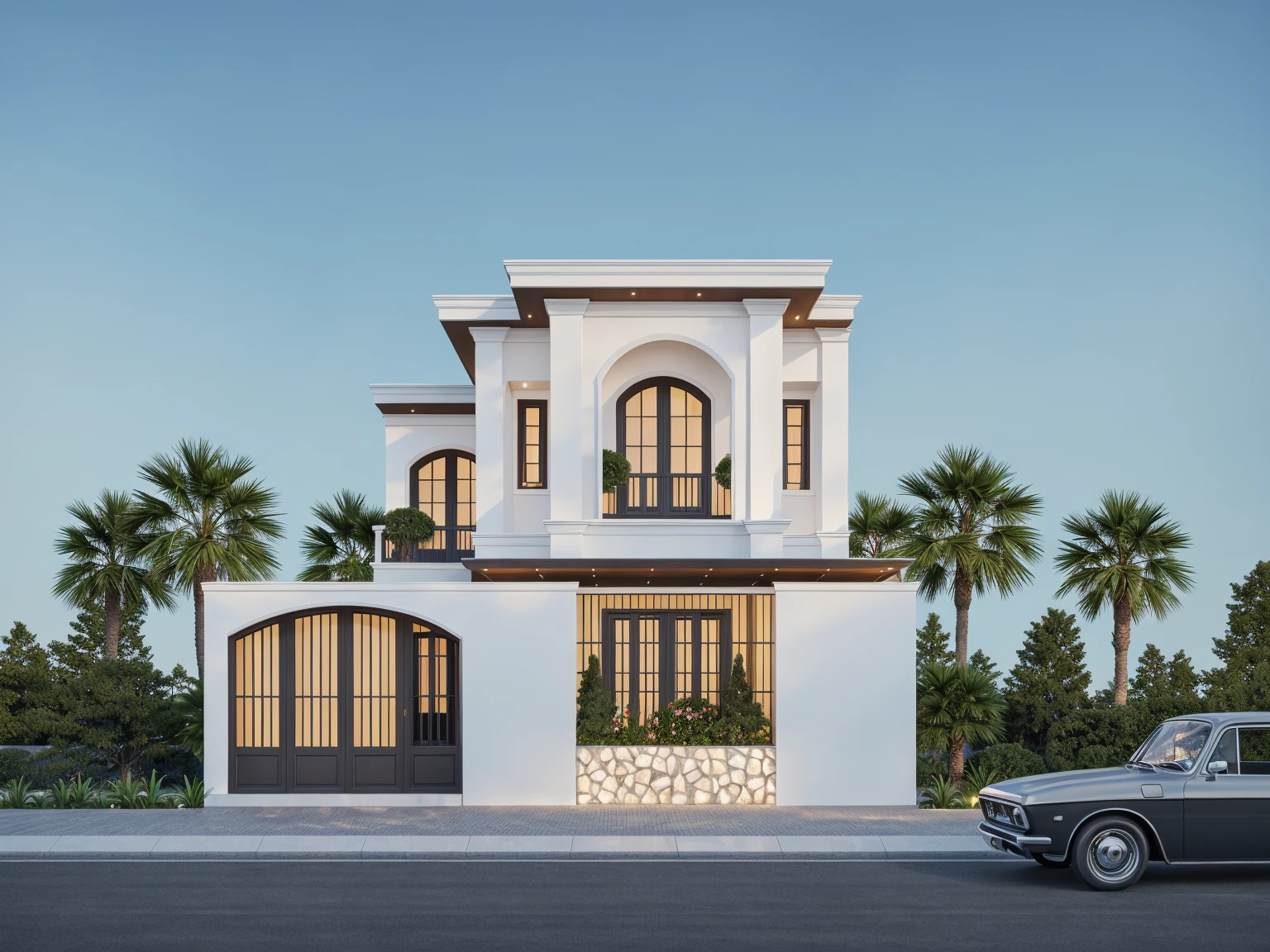 PLATFORM KTHOUSE, 1 morden villa, main material of villa about build color wall:1.2 glass panel:1.1 and stone:1.2, 1large yard, 1 road runs in front of the house, (RAW photo, real, best quality, masterpiece:1.2), look morden minimalist, 1 road in front of the house, dynamic lighting:1.3, (hyper realistic, photo-realistic:1.2), high quality, (dark lighting:1.2), perfect lighting, archdaily, no human