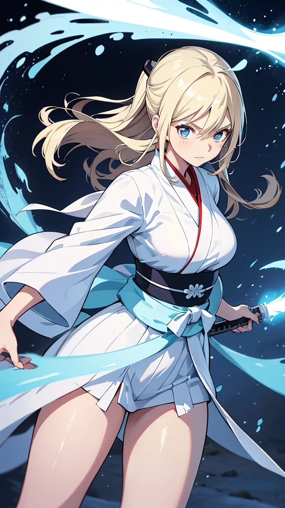 1 adult women, Look alike of Okita Souji, Long Blonde hair, Blue eyes, carries a sword, using her Snow elemental powers, she has a white aura like Luffy gear 5 from one piece anime, Snow Powers, White Snow Powers, Using Snow Powers with her one hand, standing, wearing a light blue kimono, snow element arc like aura, using snow powers, white aura around here , snow around powers around her, modern , power pose , fierce look