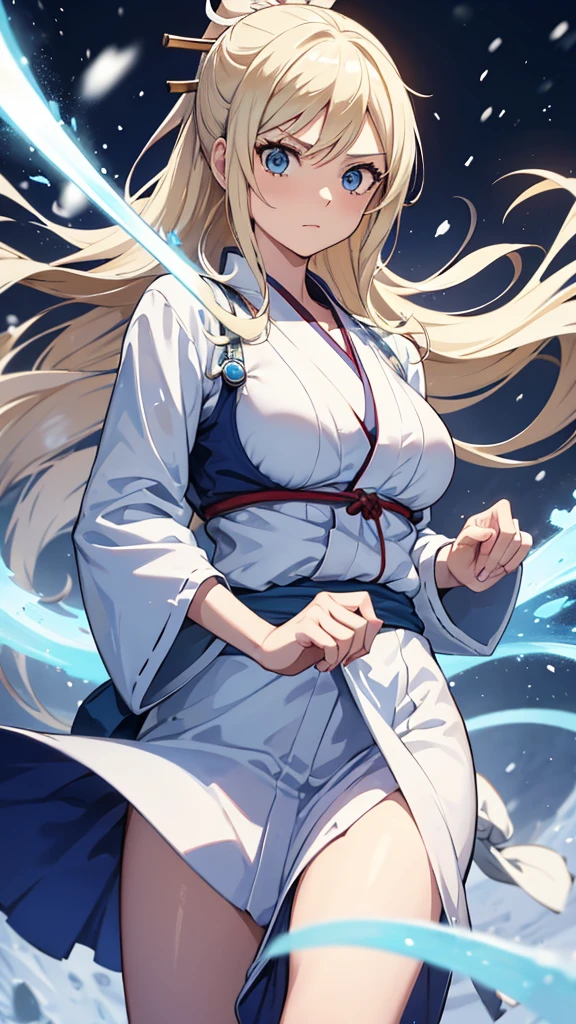 1 adult women, Look alike of Okita Souji, Long Blonde hair, Blue eyes, carries a sword, using her Snow elemental powers, she has a white aura like Luffy gear 5 from one piece anime, Snow Powers, White Snow Powers, Using Snow Powers with her one hand, standing, wearing a light blue kimono, snow element arc like aura, using snow powers, white aura around here , snow around powers around her, modern , power pose , fierce look