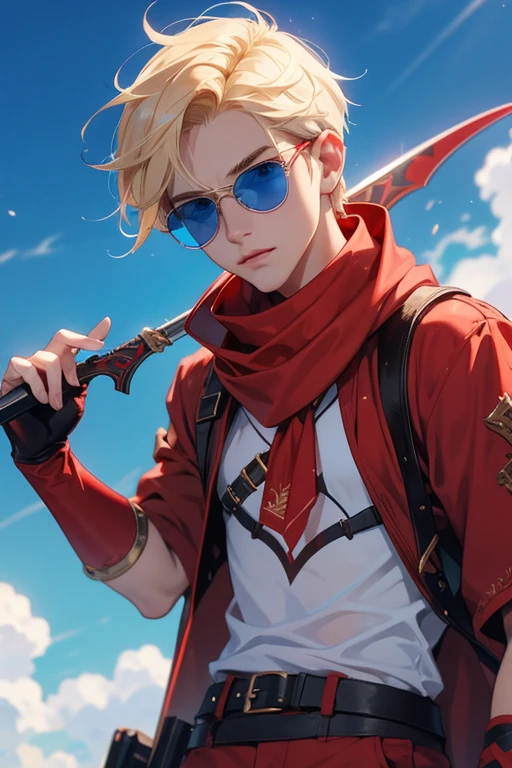 Teenage Caucasian man with short blonde hair and blue eyes. Wears red thief gear and a red bandana. Wears blue shaded sunglasses and has a Dagger in one hand