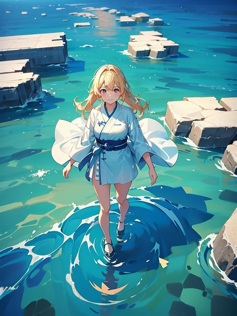 Woman walking on calm water, ((From above見下ろす構図)), From above, Overlooking
