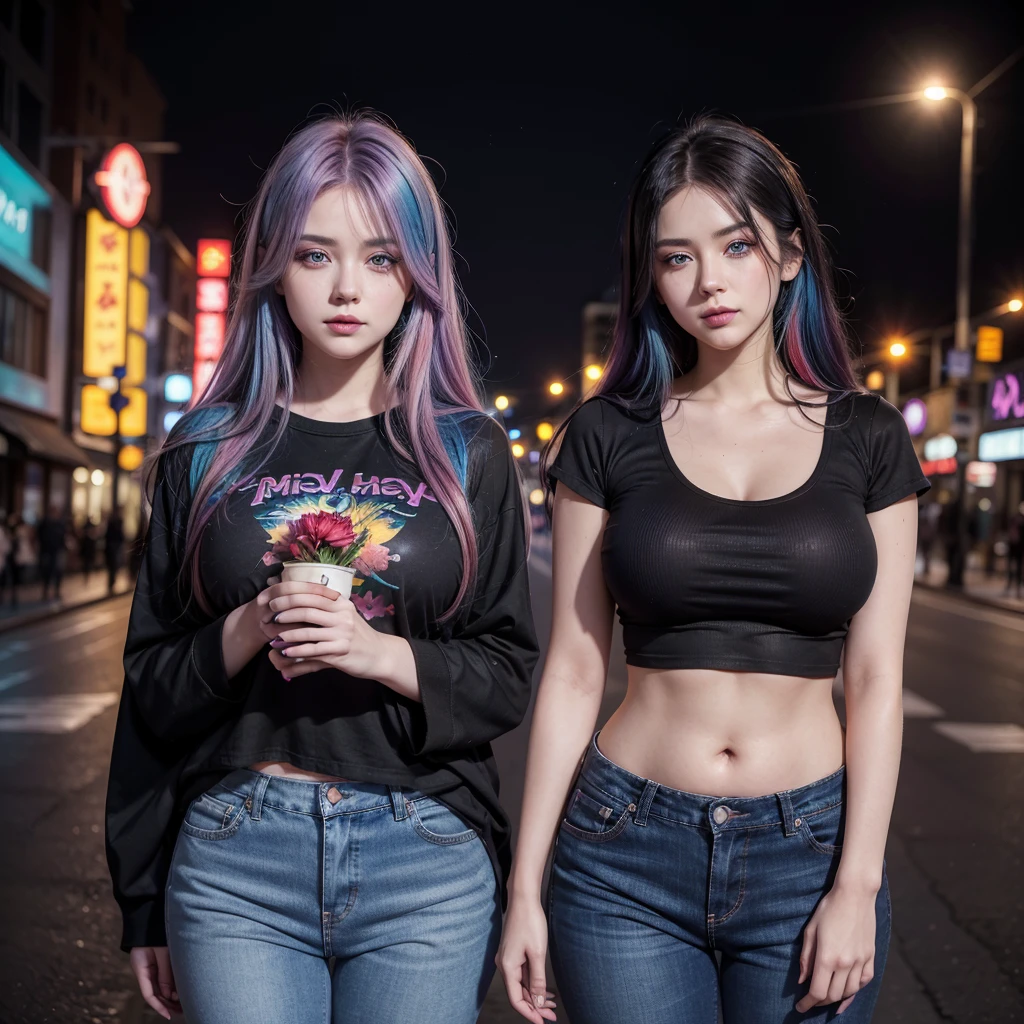 A beautiful young woman, aged 28, long rainbow colored hair, sapphire blue eyes that shine like gemstones, curvy figure, wearing a black cropped t-shirt with a floral pattern, wearing low rise dark purple jeans, colorful city background with neon, nighttime, blood red moon in the sky, neon smoke