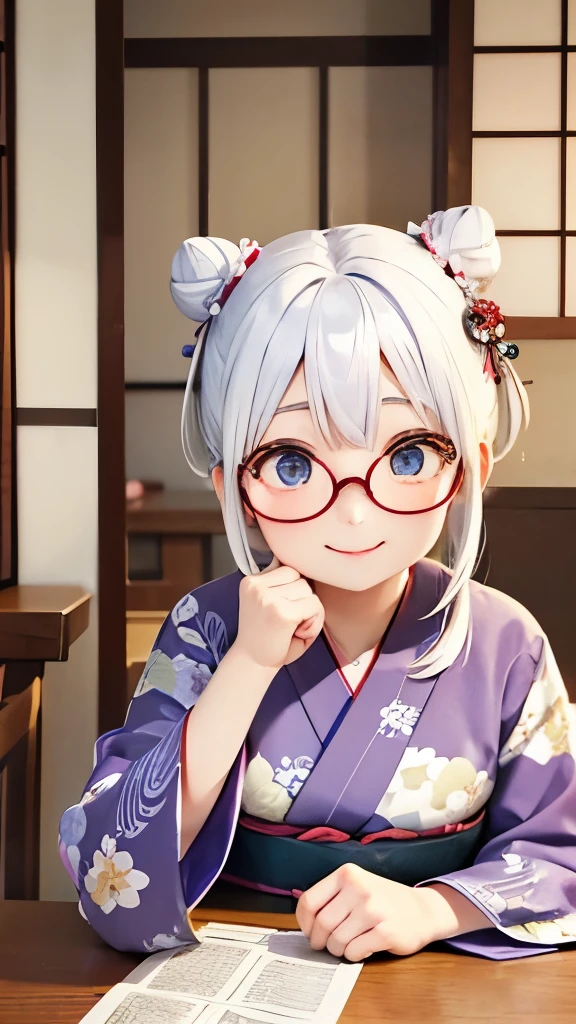 Cute old woman、60-year-old woman、One Woman、kimono、Kappo、White Hair、Japanese anime、comical、4 heads、Bun Hair、Round face、Round Glasses、Sit at a desk、front、fortune teller、Astrology、Smiling face、