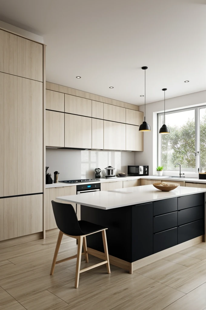 Beige and black built-in kitchen, white island and two chairs