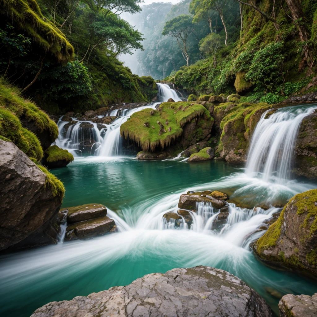 Hyper-realistic digital painting of a majestic waterfall cascading down a rugged cliff into a crystal-clear pool, surrounded by lush green vegetation and moss-covered rocks, with mist rising and sunlight filtering through the dense canopy above, creating a rainbow effect. The foreground features a winding river flowing from the pool, with smooth pebbles and vibrant wildflowers along the banks. Birds can be seen flying near the waterfall, and the distant background includes towering mountains partially veiled in mist, cinematic composition, trending on ArtStation.