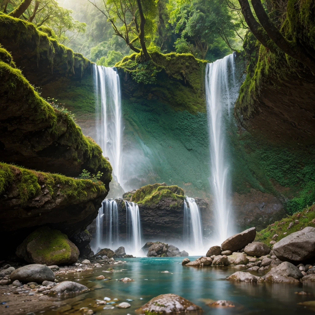 Hyper-realistic digital painting of a majestic waterfall cascading down a rugged cliff into a crystal-clear pool, surrounded by lush green vegetation and moss-covered rocks, with mist rising and sunlight filtering through the dense canopy above, creating a rainbow effect. The foreground features a winding river flowing from the pool, with smooth pebbles and vibrant wildflowers along the banks. Birds can be seen flying near the waterfall, and the distant background includes towering mountains partially veiled in mist, cinematic composition, trending on ArtStation.