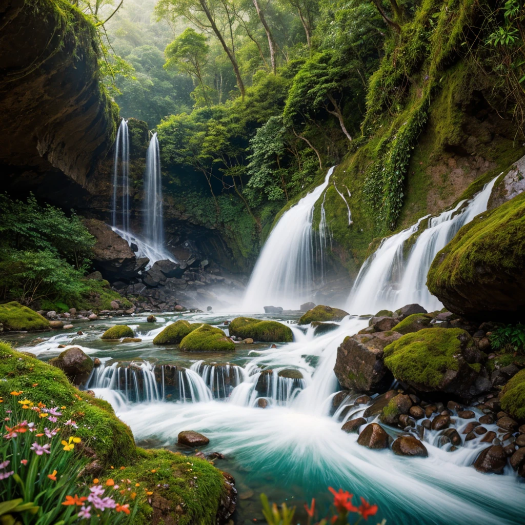 Hyper-realistic digital painting of a majestic waterfall cascading down a rugged cliff into a crystal-clear pool, surrounded by lush green vegetation and moss-covered rocks, with mist rising and sunlight filtering through the dense canopy above, creating a rainbow effect. The foreground features a winding river flowing from the pool, with smooth pebbles and vibrant wildflowers along the banks. Birds can be seen flying near the waterfall, and the distant background includes towering mountains partially veiled in mist, cinematic composition, trending on ArtStation.