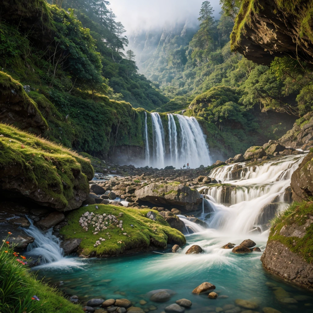 Hyper-realistic digital painting of a majestic waterfall cascading down a rugged cliff into a crystal-clear pool, surrounded by lush green vegetation and moss-covered rocks, with mist rising and sunlight filtering through the dense canopy above, creating a rainbow effect. The foreground features a winding river flowing from the pool, with smooth pebbles and vibrant wildflowers along the banks. Birds can be seen flying near the waterfall, and the distant background includes towering mountains partially veiled in mist, cinematic composition, trending on ArtStation.