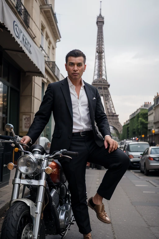 4D realistic image about macho hanhsome asia man pose in the vintage of the Eiffel Tower background, wearing suit clothes, Parisian street with Motorcycle and cafes, atmosphere, High resolution.