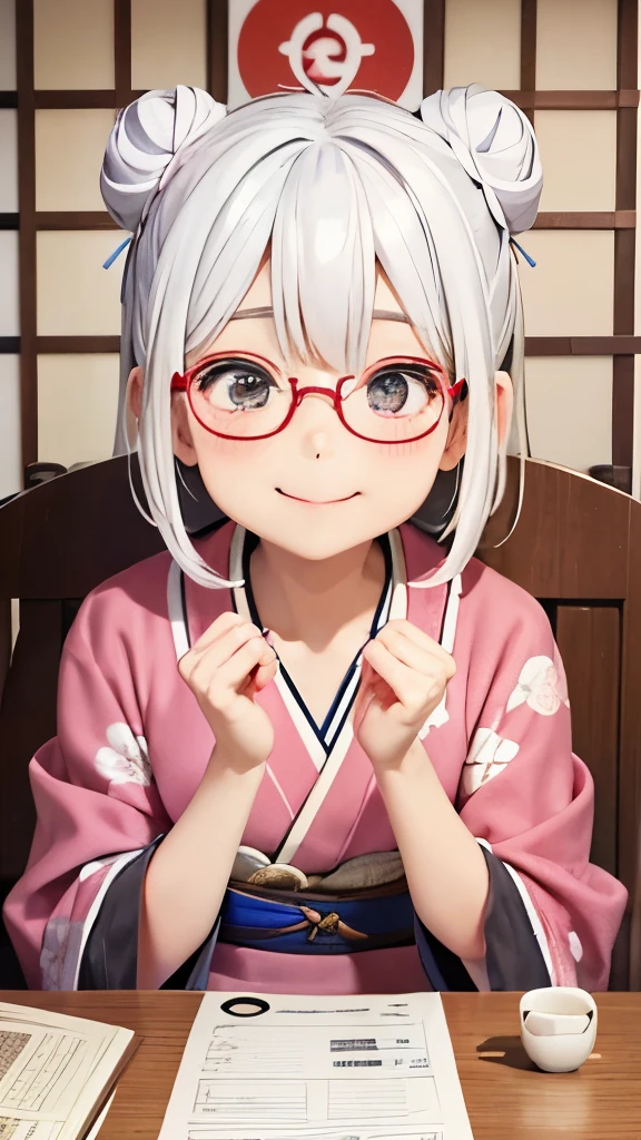 Cute old woman、60-year-old woman、One Woman、kimono、Kappo、White Hair、Japanese anime、comical、4 heads、Bun Hair、Round face、Round Glasses、Sit at a desk、front、fortune teller、Astrology、Open-mouthed smiling face、