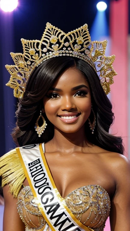 Leila Lopes dressed in beauty queen clothes and smiling