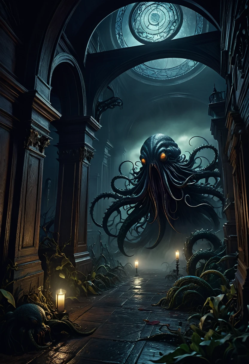 high quality 8k resolution, detailed and haunting, best quality, masterpiece, photorealistic, ultra-detailed, dramatic lighting, eerie atmosphere, dark moody colors, horror, dark fantasy, eldritch horror