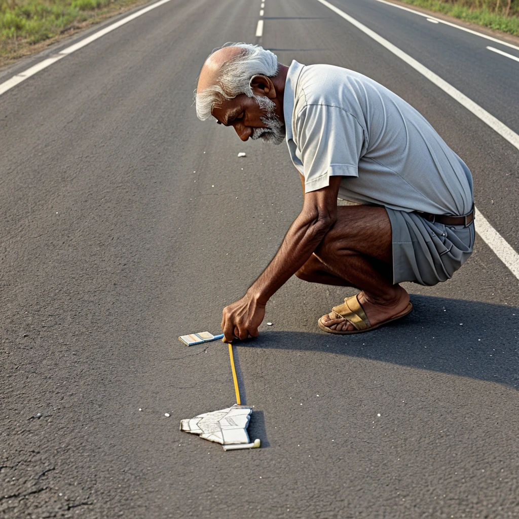 A poor Indian old man is making a big dear out of eraser on the road 