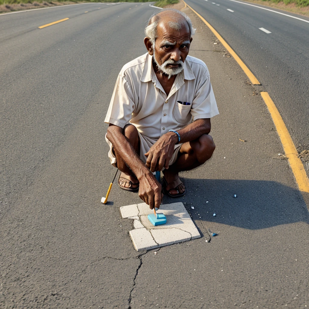 A poor Indian old man is making a big dear out of eraser on the road 