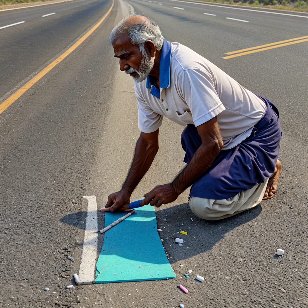 A poor Indian old man is making a big dear out of eraser on the road 