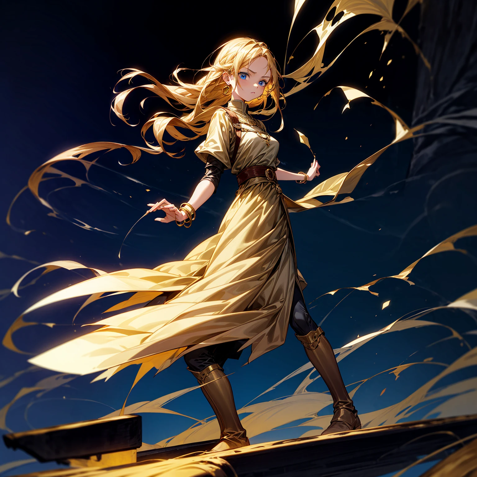 1girl, Full body version, 1character, adult version, blue eyes color, long Curly haircut, blonde colour hair, Gold earrings, gold bracelets, medieval style clothing, black armor, long boots, knife Assassin in hand Grassroots, background in castle square, motion blur, standing gesture, smoke effect, lighting, lighting gold, plasma effect, aura effect, (attack on Titan style art) 