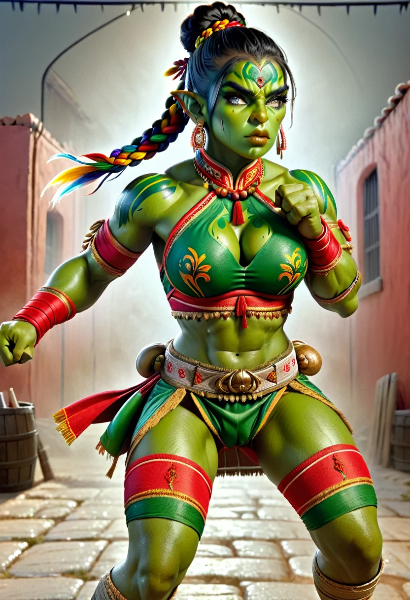 (a beautiful orc woman warrior with green skin, tusks, 6 pack abs, toned muscles, long single braid with bun, east indian clothing, colourful bodypaint, fierce expression, perfect skin, large breasts, pouty lips, dramatic martial artist pose, boxing, fist wraps, full body shot, photorealistic masterpiece painting, model shoot style, extremely detailed CG octane render, 8k, sharp focus, high detail, intricate, dramatic, vivid colors, best quality, masterpiece:1.2)