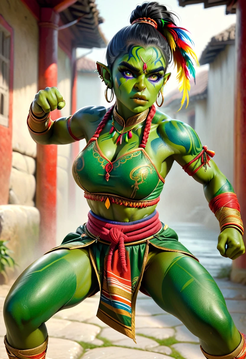 (a beautiful orc woman warrior with green skin, tusks, 6 pack abs, toned muscles, long single braid with bun, east indian clothing, colourful bodypaint, fierce expression, perfect skin, large breasts, pouty lips, dramatic martial artist pose, boxing, fist wraps, full body shot, photorealistic masterpiece painting, model shoot style, extremely detailed CG octane render, 8k, sharp focus, high detail, intricate, dramatic, vivid colors, best quality, masterpiece:1.2)