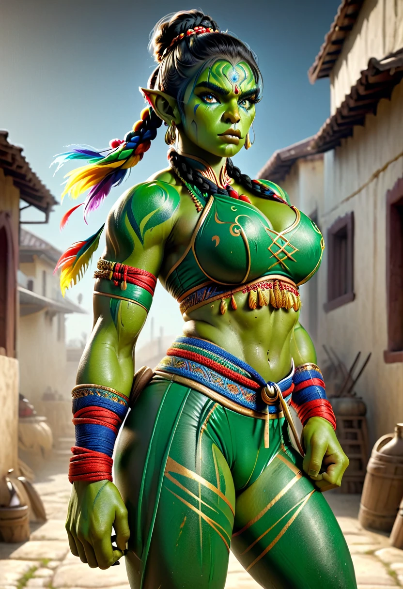 (a beautiful orc woman warrior with green skin, tusks, 6 pack abs, toned muscles, long single braid with bun, east indian clothing, colourful bodypaint, fierce expression, perfect skin, large breasts, pouty lips, dramatic martial artist pose, boxing, fist wraps, full body shot, photorealistic masterpiece painting, model shoot style, extremely detailed CG octane render, 8k, sharp focus, high detail, intricate, dramatic, vivid colors, best quality, masterpiece:1.2)