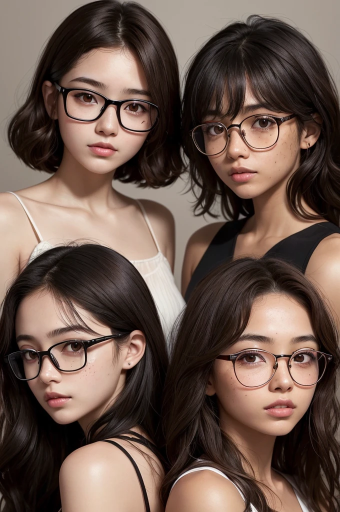 Two girl, one with shoulder-length curly hair in black, Square glasses on the face, fair skin and dark brown eyes, and another girl with brown hair down to his neck with red highlights, dark skin and freckles on the cheek, dark brown eyes