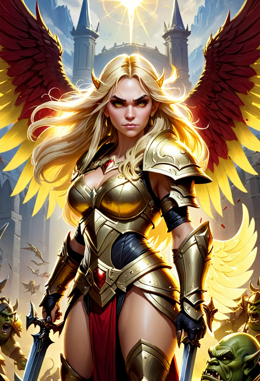 Illustration, cover Art of the video game "orcs must die", angelic warrior, beautiful woman, long blonde hair, halo, golden armor, wings, dead orcs, blood, holding a orc head in one hand and a sword in the other hand, battlefield 