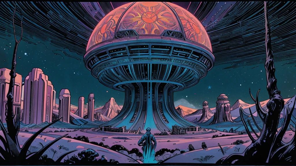 Vibrant alien landscape with bizarre neon-colored flora, towering crystalline structures, and swirling psychedelic skies. Monstrous tentacled creatures roam between retro-futuristic domed cities. Stylized like a 1960s sci-fi comic book cover, with bold outlines, halftone patterns, and exaggerated perspective. Intense, saturated colors reminiscent of vintage four-color printing process.