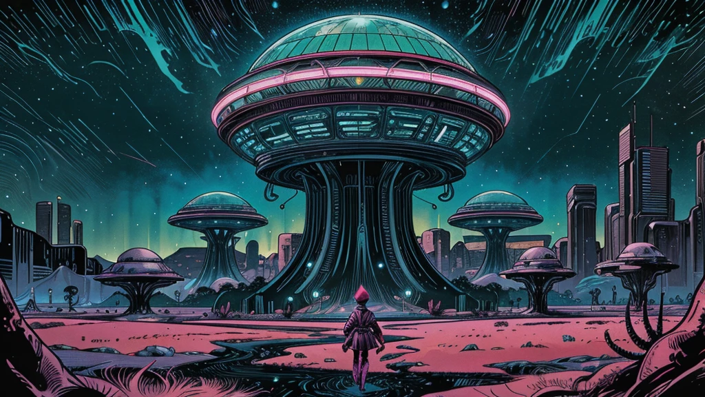 Vibrant alien landscape with bizarre neon-colored flora, towering crystalline structures, and swirling psychedelic skies. Monstrous tentacled creatures roam between retro-futuristic domed cities. Stylized like a 1960s sci-fi comic book cover, with bold outlines, halftone patterns, and exaggerated perspective. Intense, saturated colors reminiscent of vintage four-color printing process.