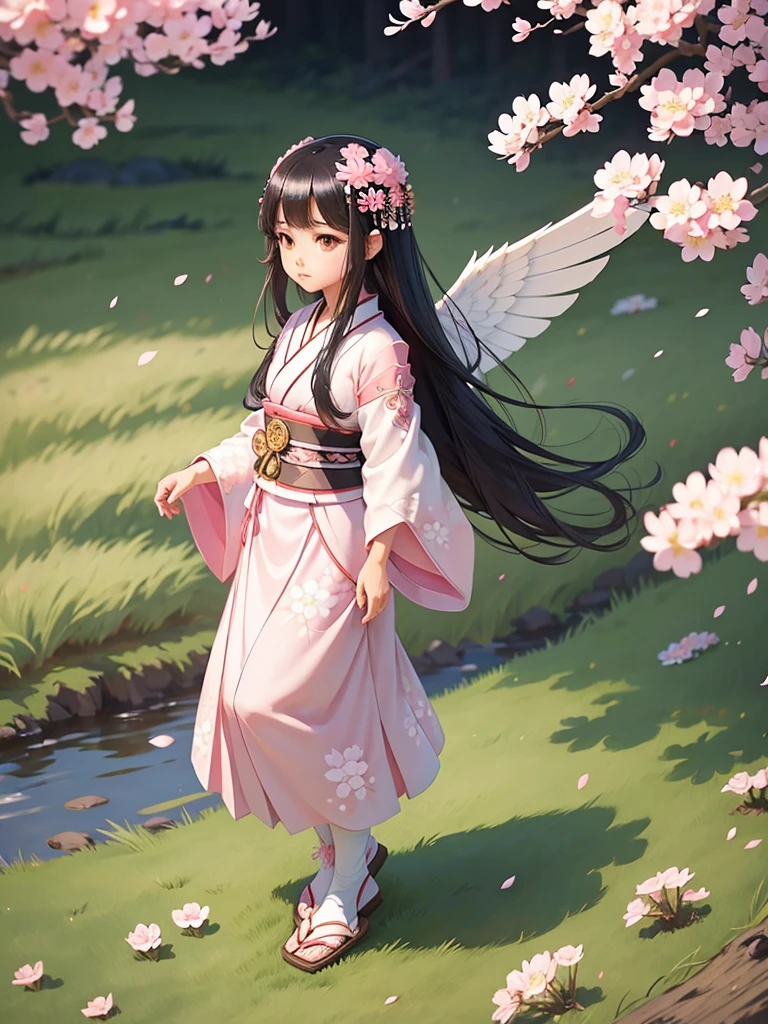 super realistic little Japanese girl with black hair and a straight chin with a complicated and elegant design, flowing clothes, pola rumit, color palette pink and white, floral motif, smooth wings, grassy field background, bunga sakura
