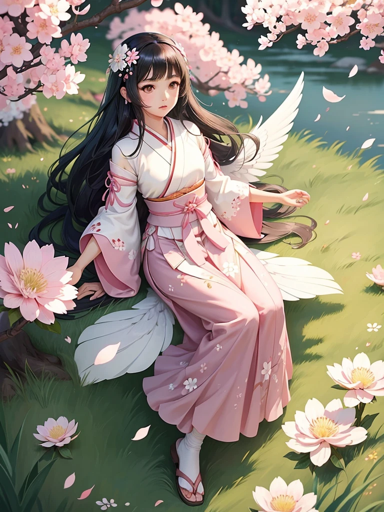 super realistic little Japanese girl with black hair and a straight chin with a complicated and elegant design, flowing clothes, pola rumit, color palette pink and white, floral motif, smooth wings, grassy field background, bunga sakura