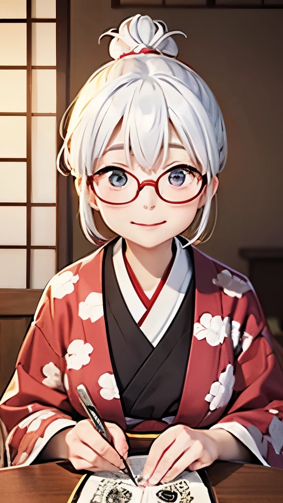 Cute old woman、60-year-old woman、One Woman、kimono、Kappo、White Hair、Japanese anime、comical、4 heads、Bun Hair、Round face、Round Glasses、Sit at a desk、front、fortune teller、Astrology、Smiling face、Mouth wide open
