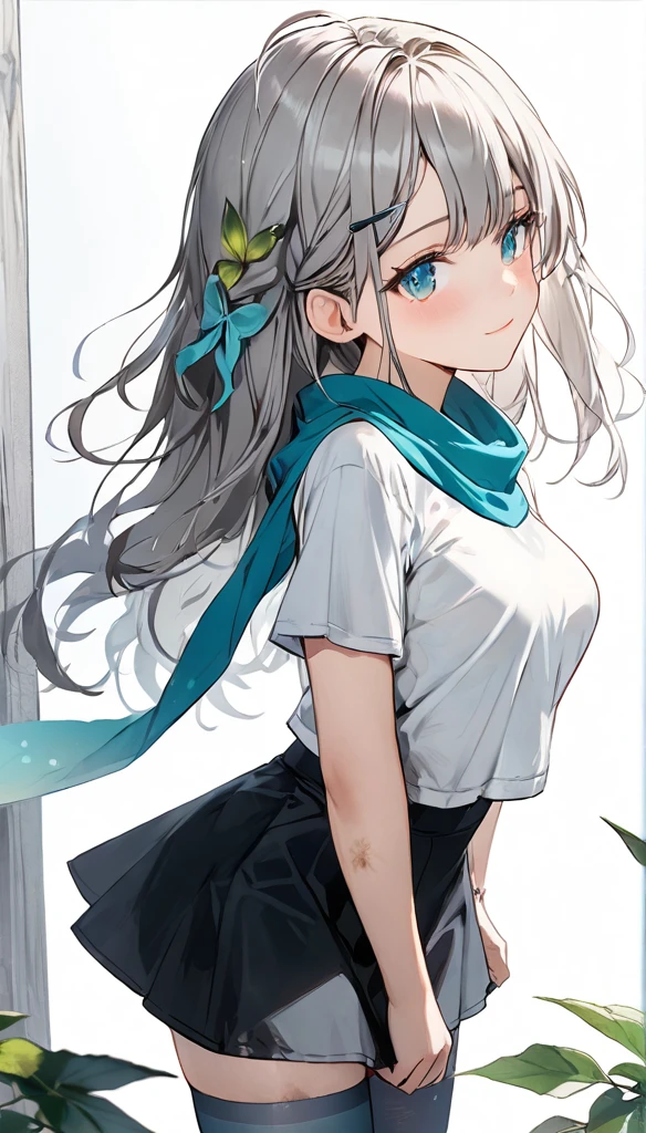 Resolution full, standing style, very accurate, best quality, masterpiece, full HD, very sharpener, best art, very accurate, 1girl, firefly, very cute girl, cute girl, beautiful and cute girl, slim body, medium breast, long hair, grey hair, Braid hair, Messy hair, ahoge hair, bangs hair, straight hair, gradient grey and blue hair, green leaf hair ornament, grey hair clip, beautiful bright aqua eyes, white T-shirt, dirty t-shirt, blue scarf, black short skirt, grey full stockings, white background, standing model